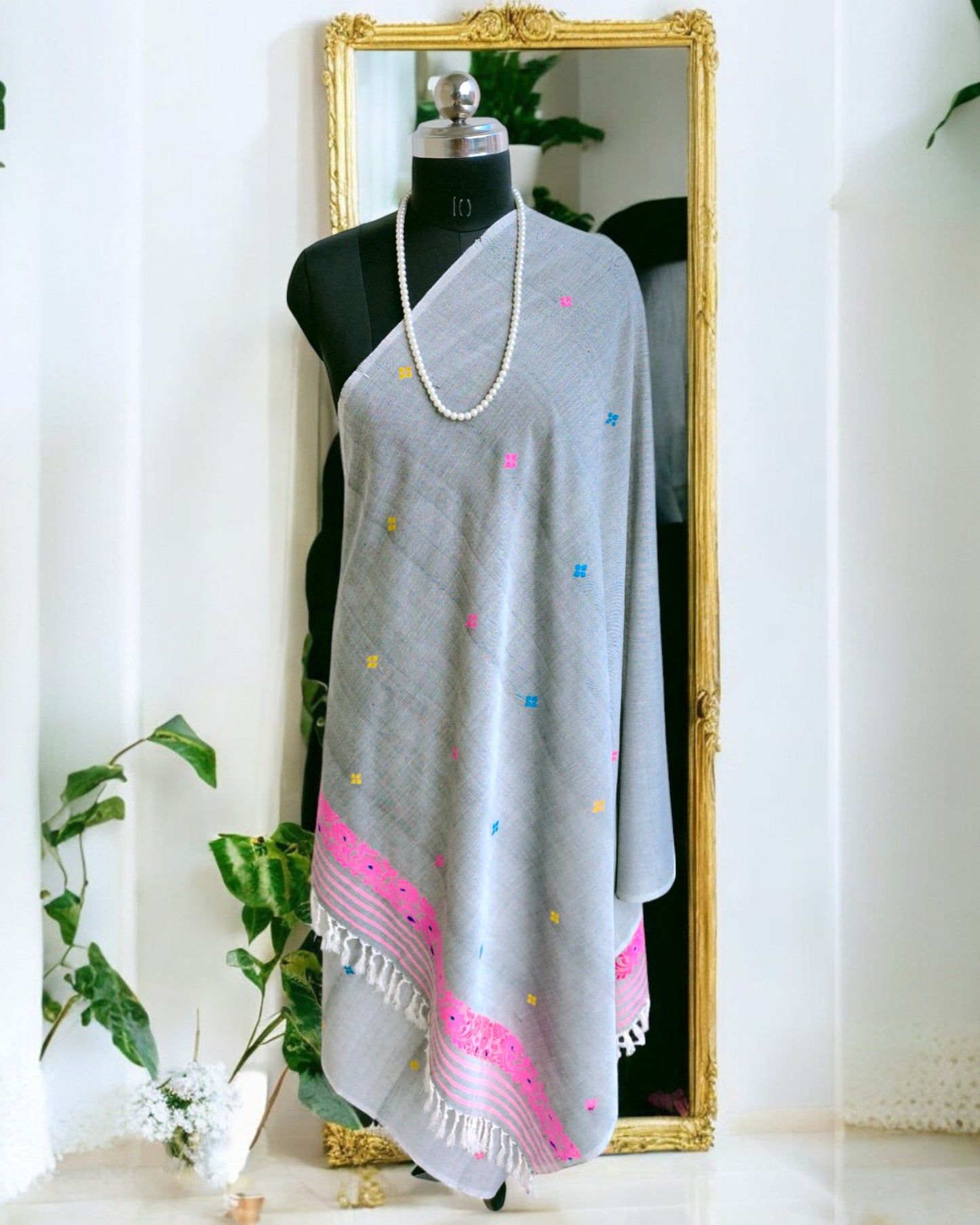 Grey Pink Handloom Dupatta