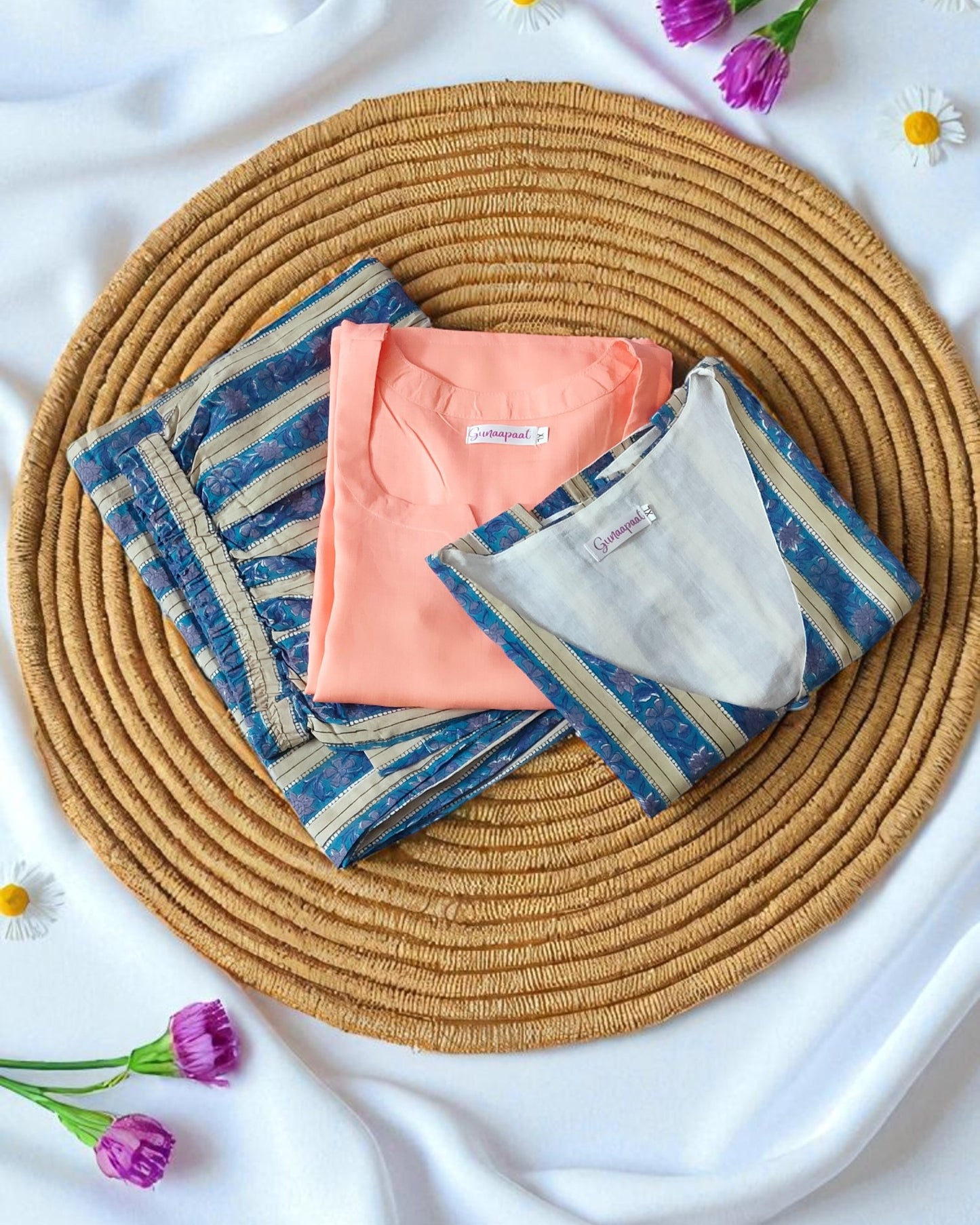 Peach Palazzo suits with Blue Overcoat