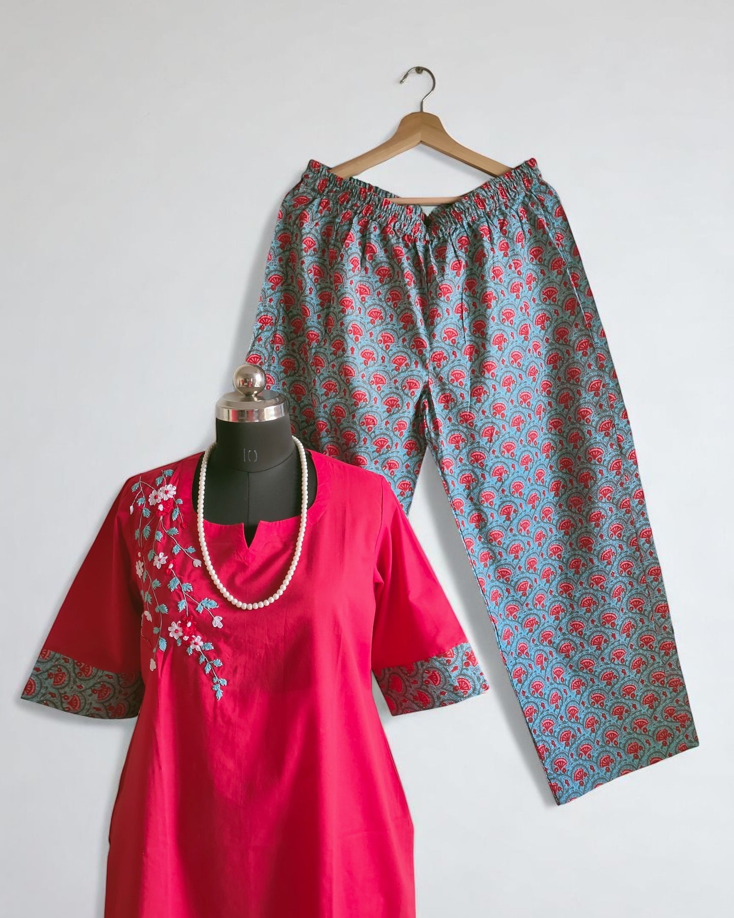 Ribbon Embroidered Red Palazzo Suits