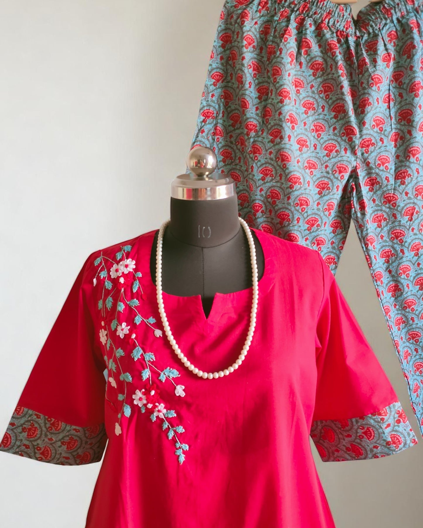 Ribbon Embroidered Red Palazzo Suits