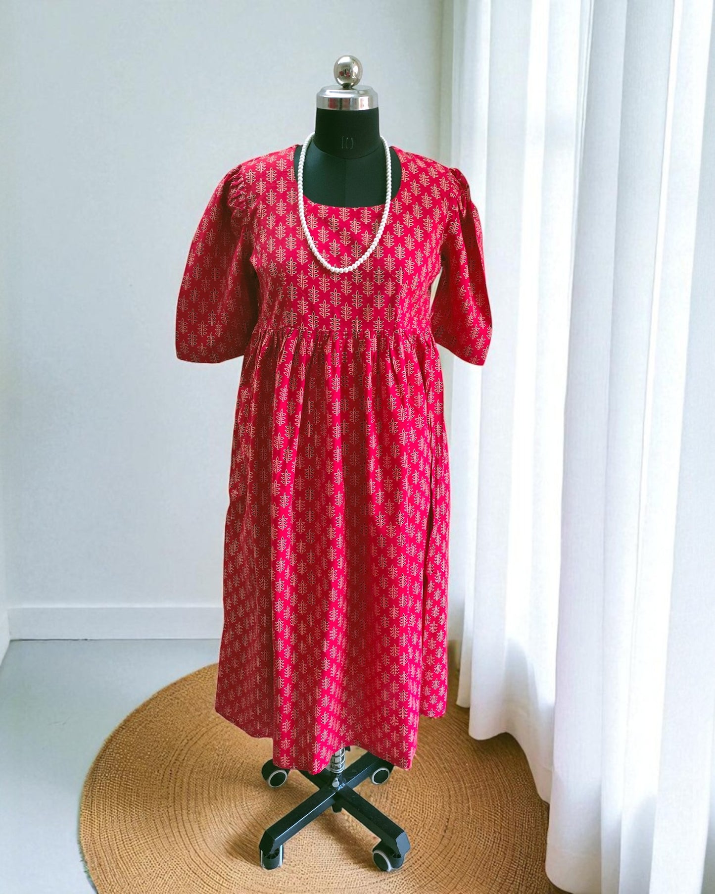 Pure Cotton Red Ajrakh Midi Dress
