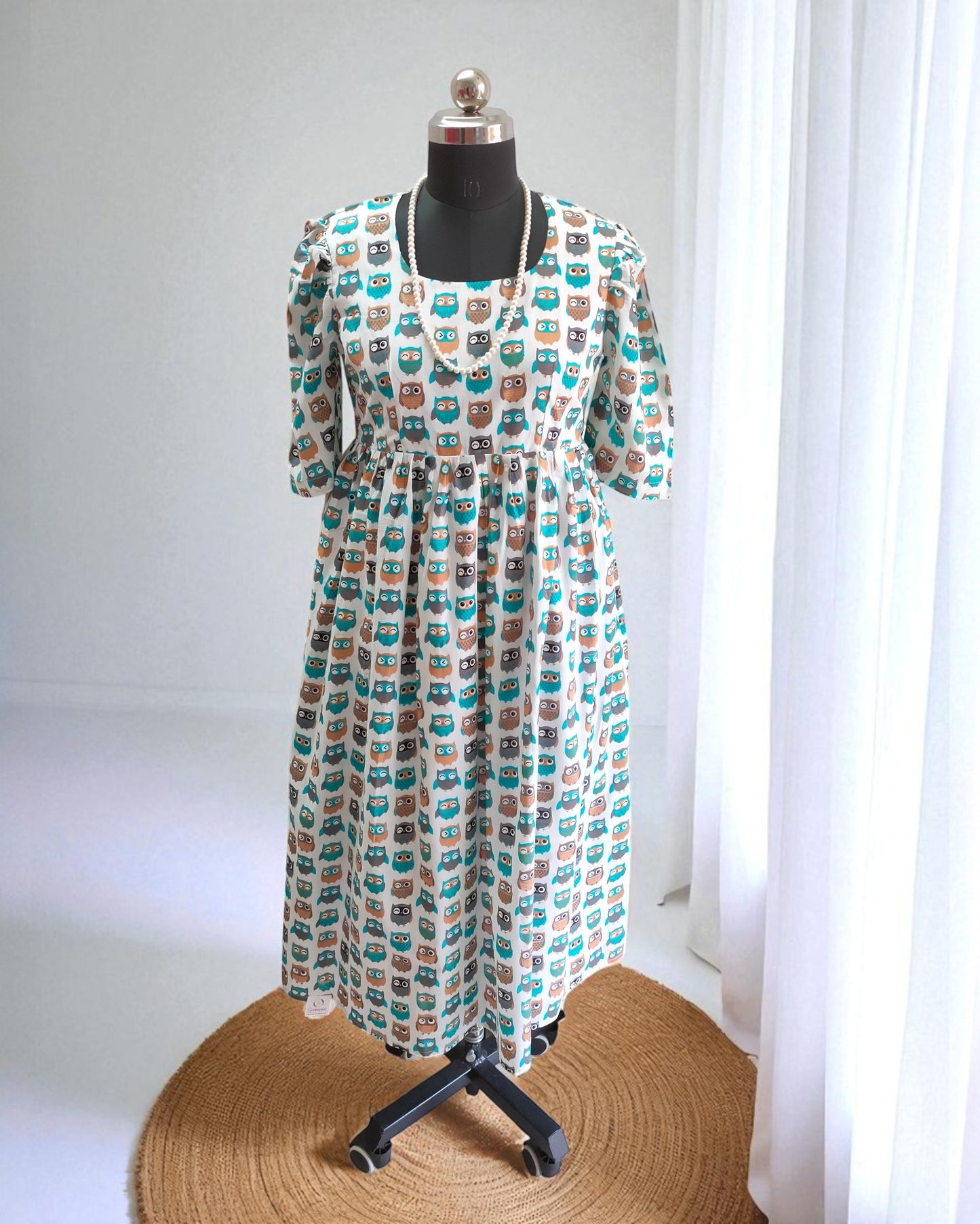 Owl Printed White Cotton Midi Dress