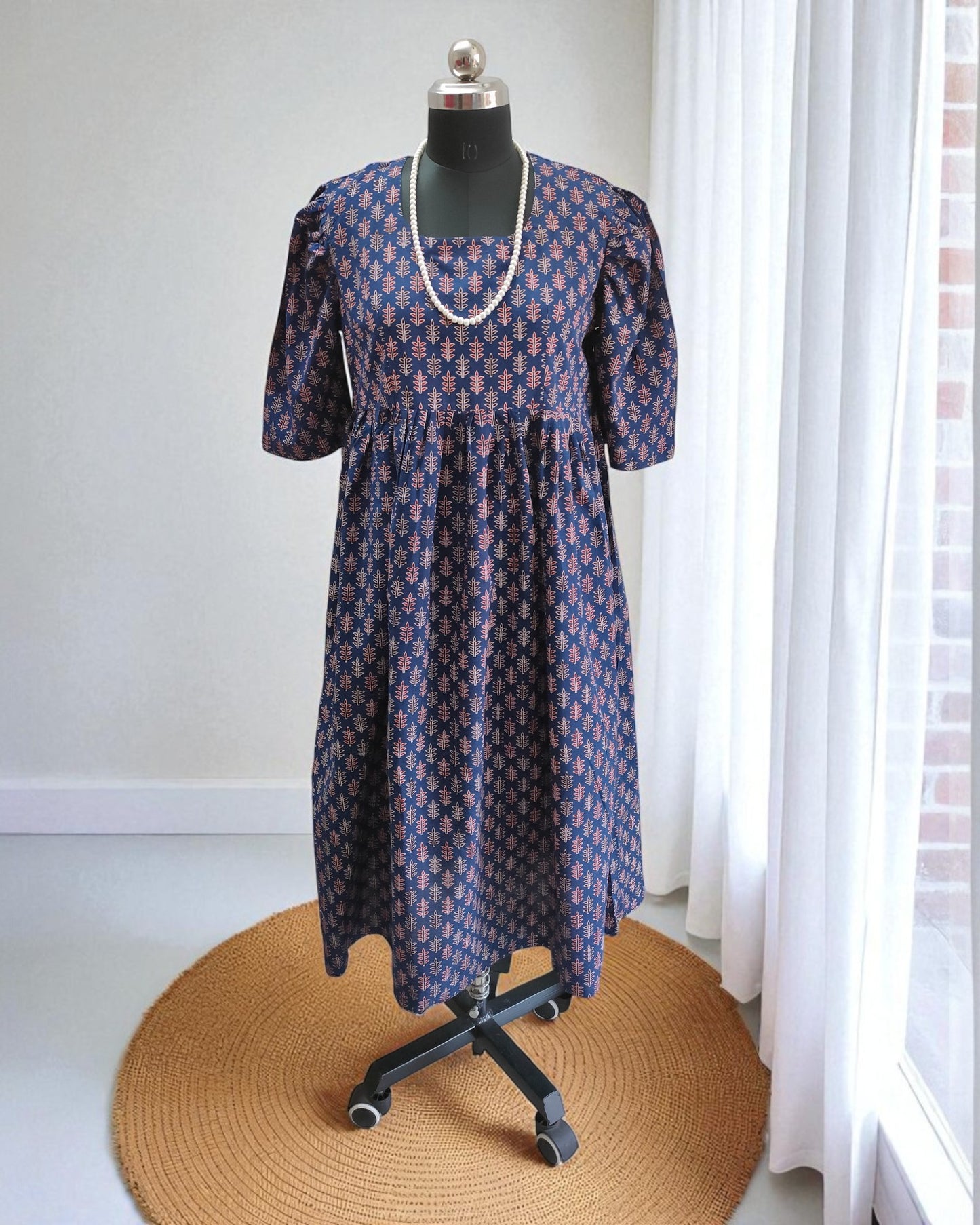 Navy Blue Pure Cotton Ajrakh Midi Dress