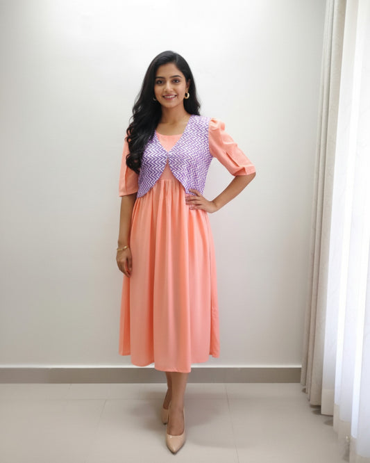 Peach Rayon Midi Dress with Cotton Overcoat