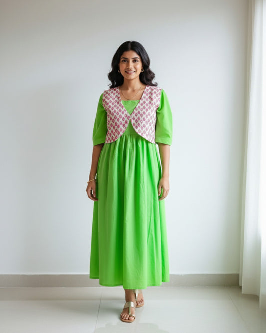 Pure Cotton Green Midi Dress with Overcoat
