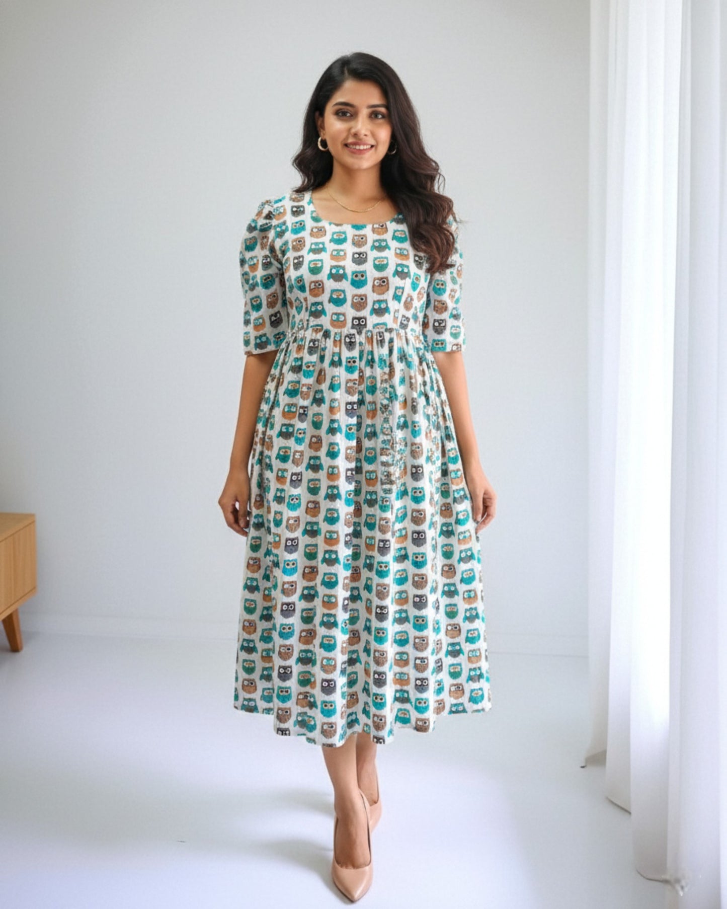 Owl Printed White Cotton Midi Dress