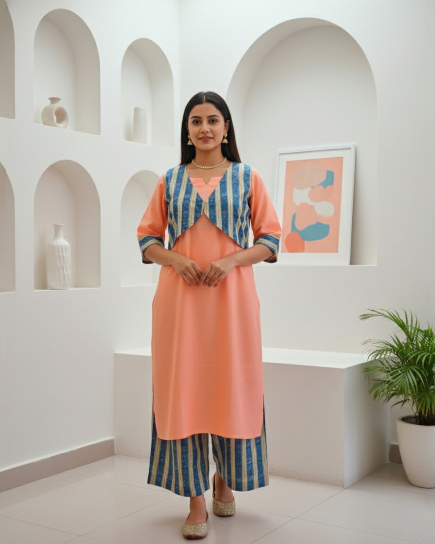 Peach Palazzo suits with Blue Overcoat
