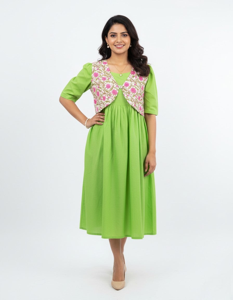 Pure Cotton Green Midi Dress with Cotton Overcoat