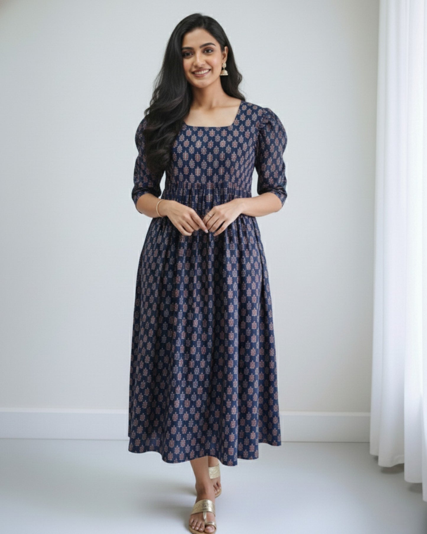 Navy Blue Pure Cotton Ajrakh Midi Dress