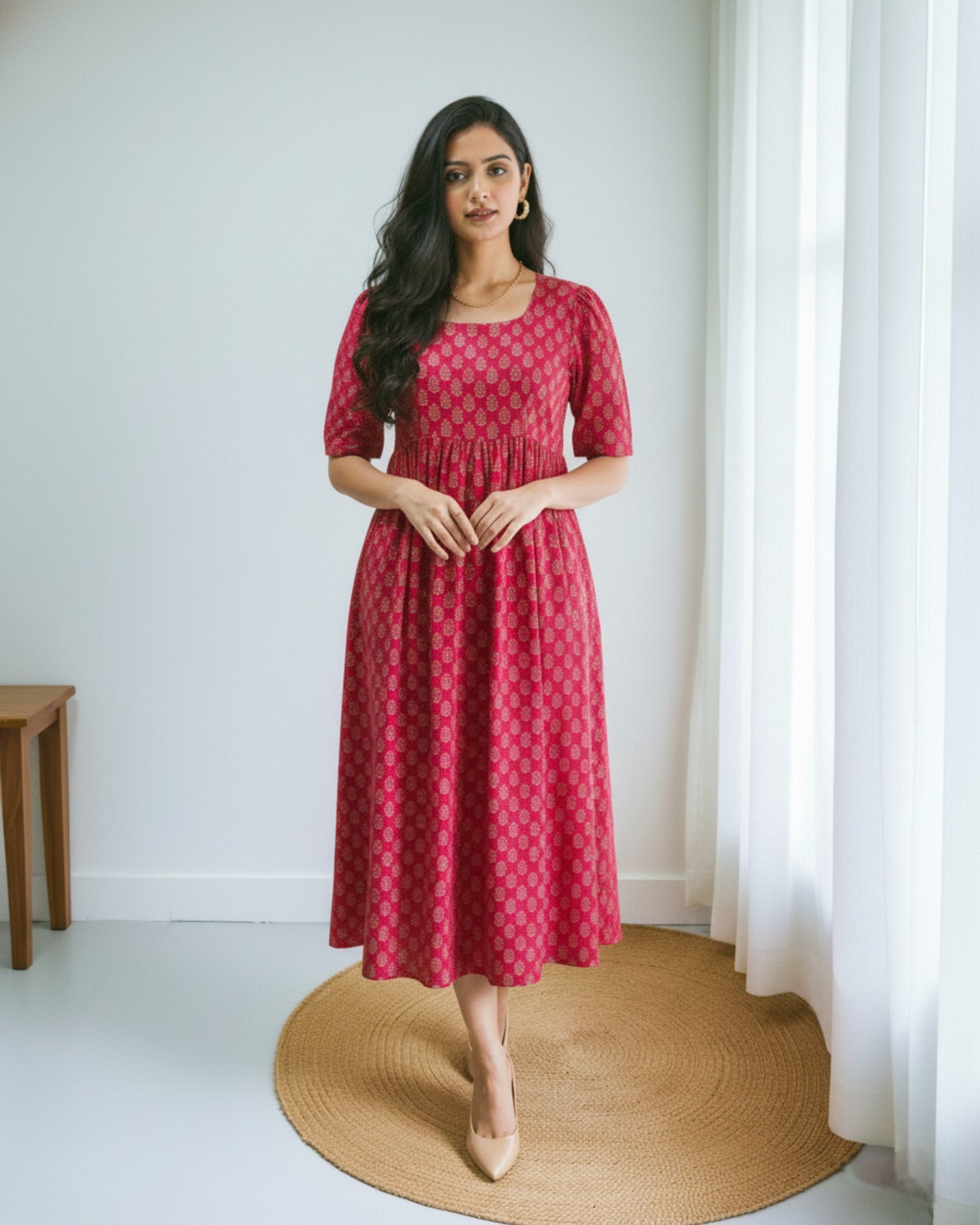 Pure Cotton Red Ajrakh Midi Dress