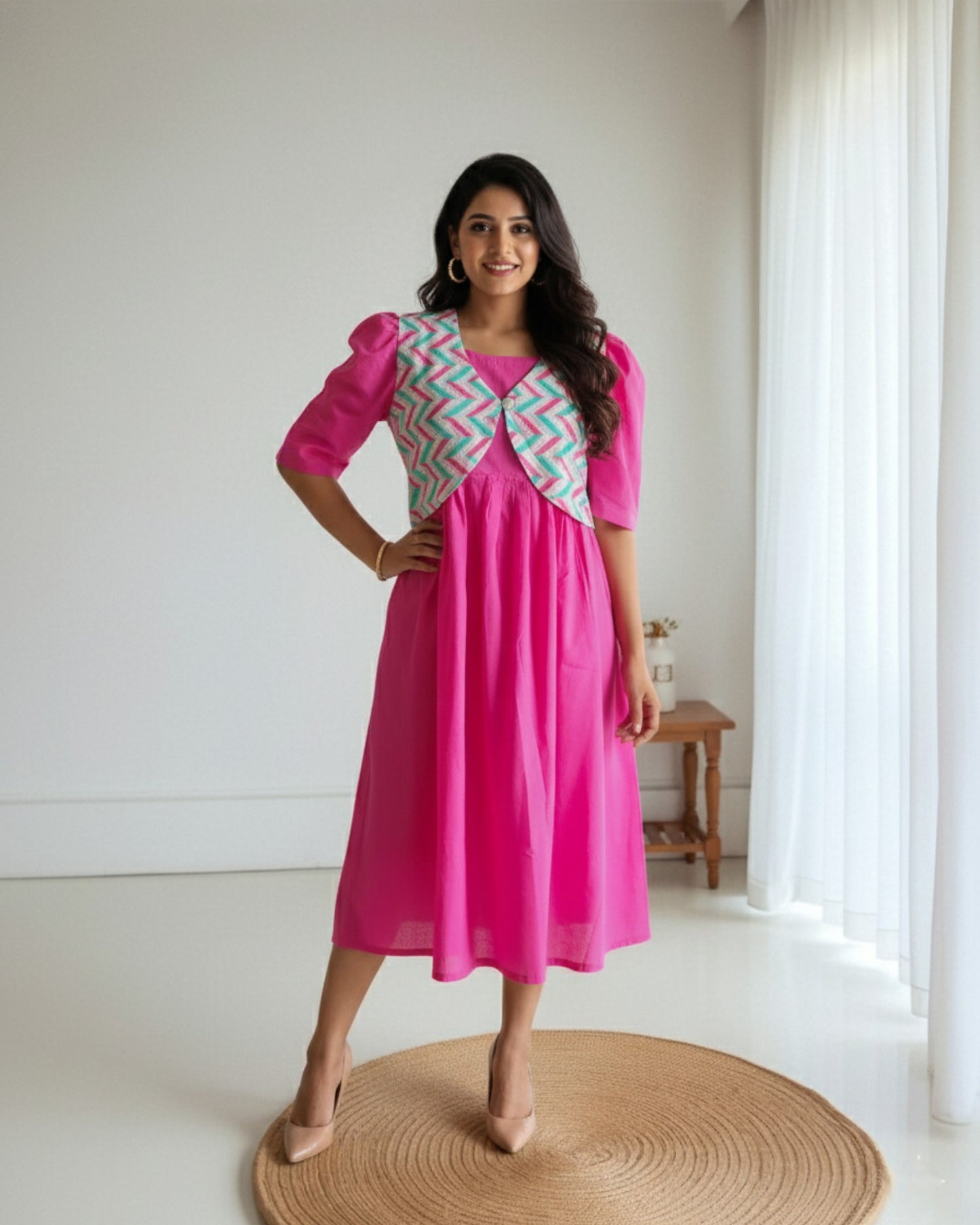 Pure Cotton Pink Midi Dress with Overcoat