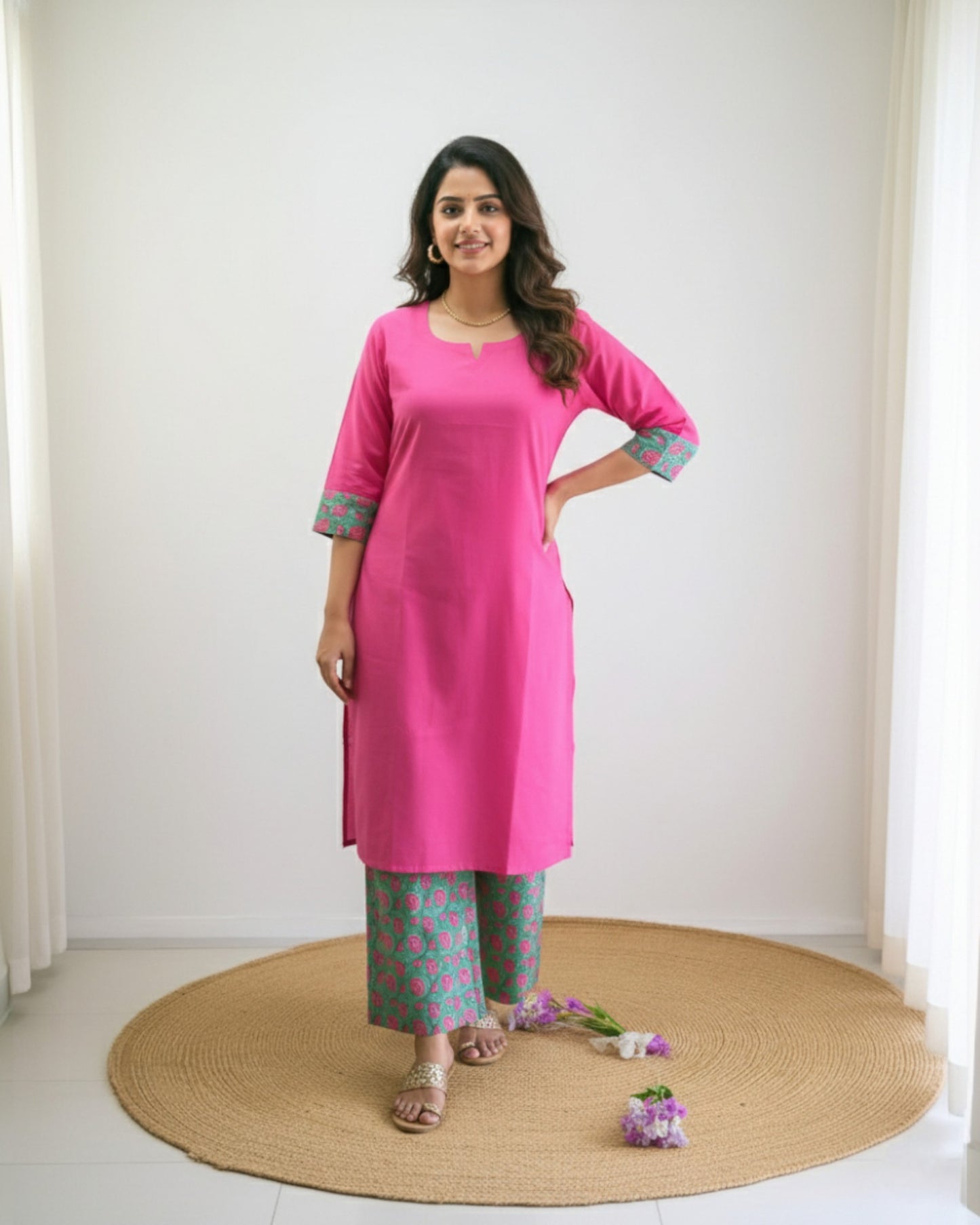 Pink and green Cotton palazzo sets