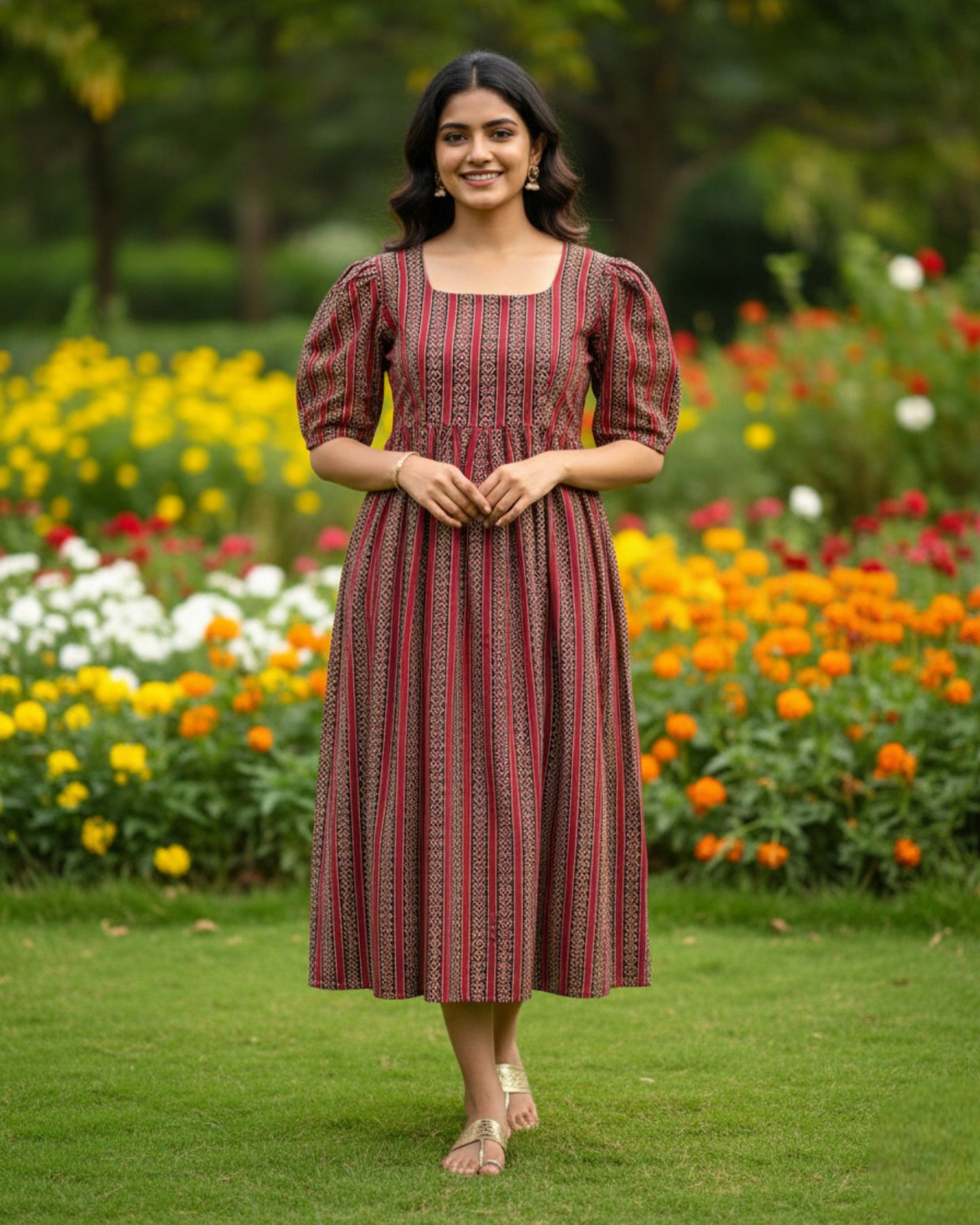 Maroon Pure Cotton Ajrakh Midi Dress