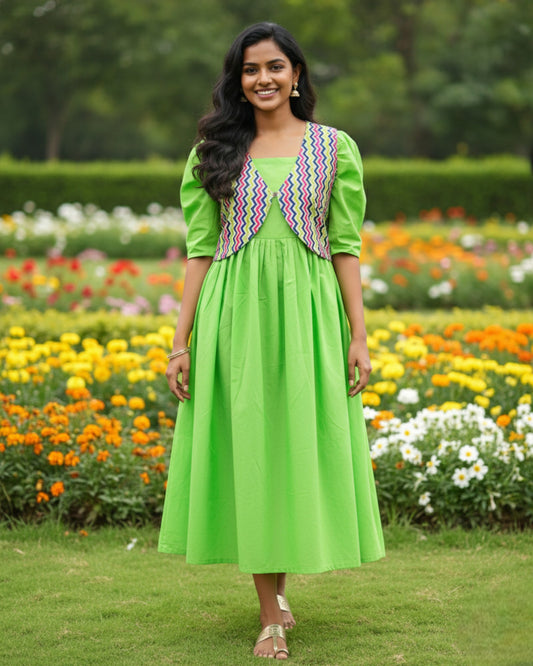 Green Cotton Midi Dress with Cotton Overcoat