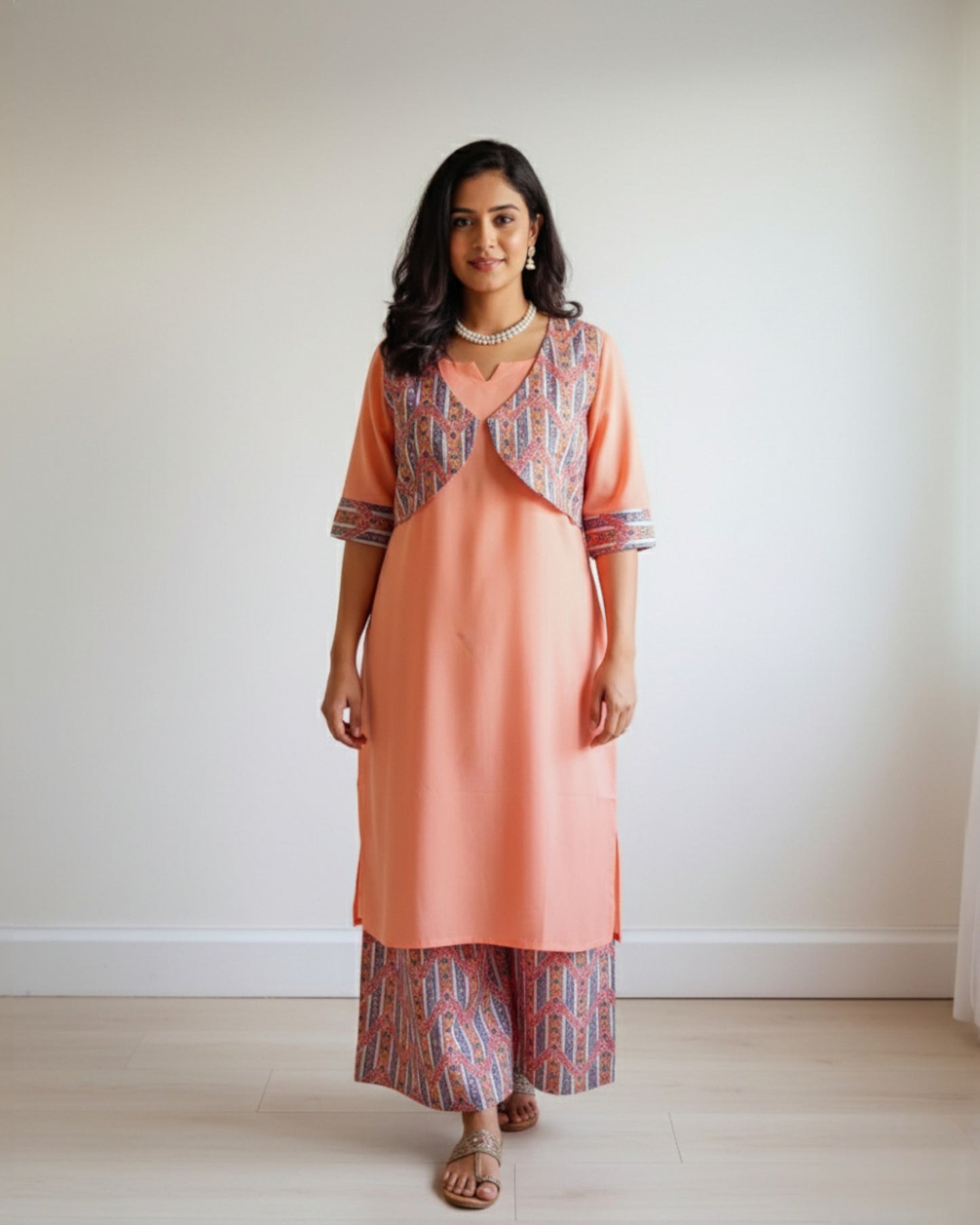 Peach Palazzo suits with Overcoat