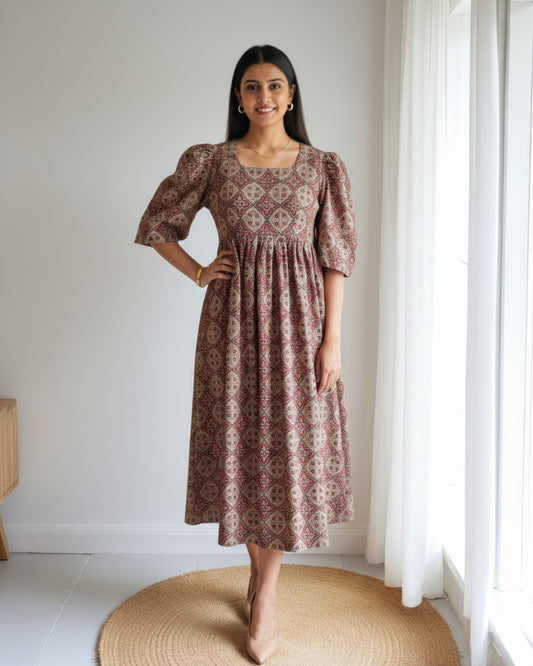 Ajrakh Cotton Midi Dress for women