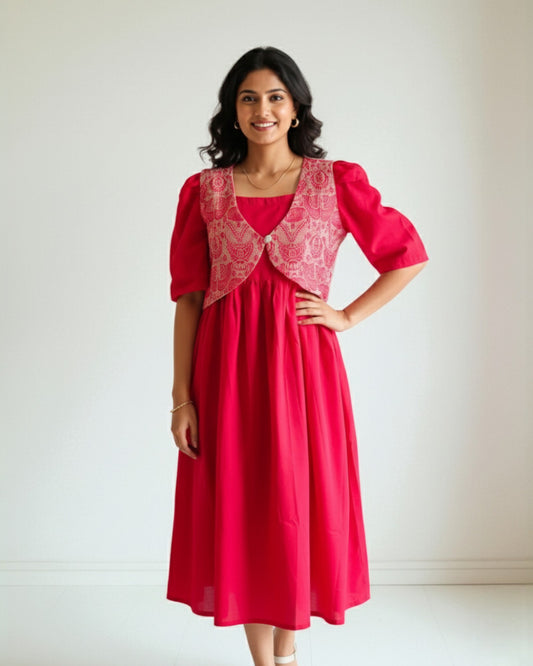 Red Cotton Midi Dress with Assamese Japi Overcoat