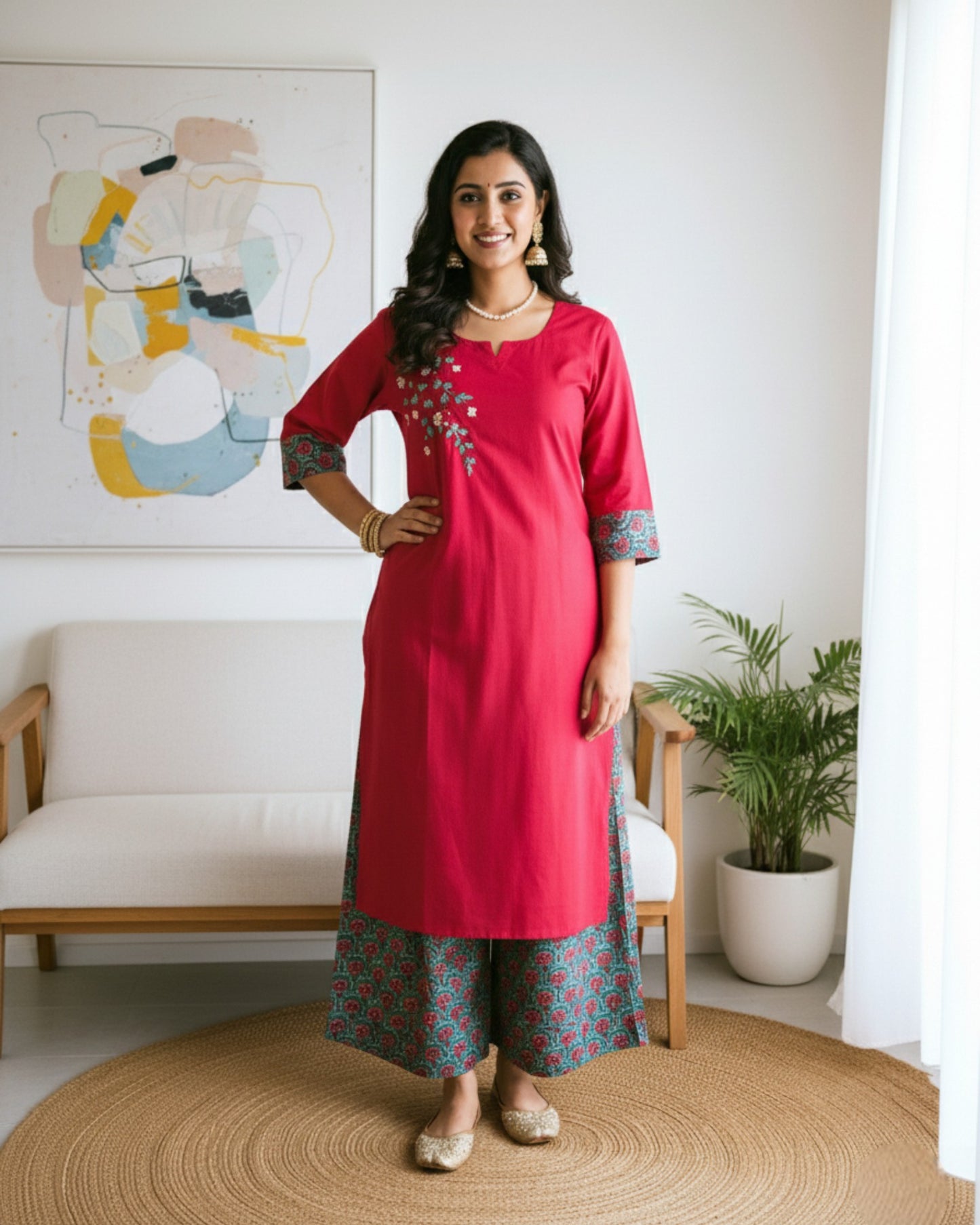 Ribbon Embroidered Red Palazzo Suits