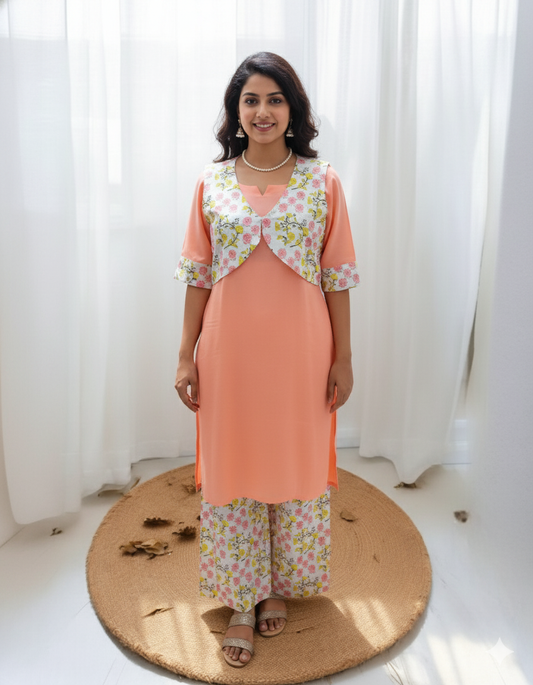 Peach Palazzo suits with Overcoat