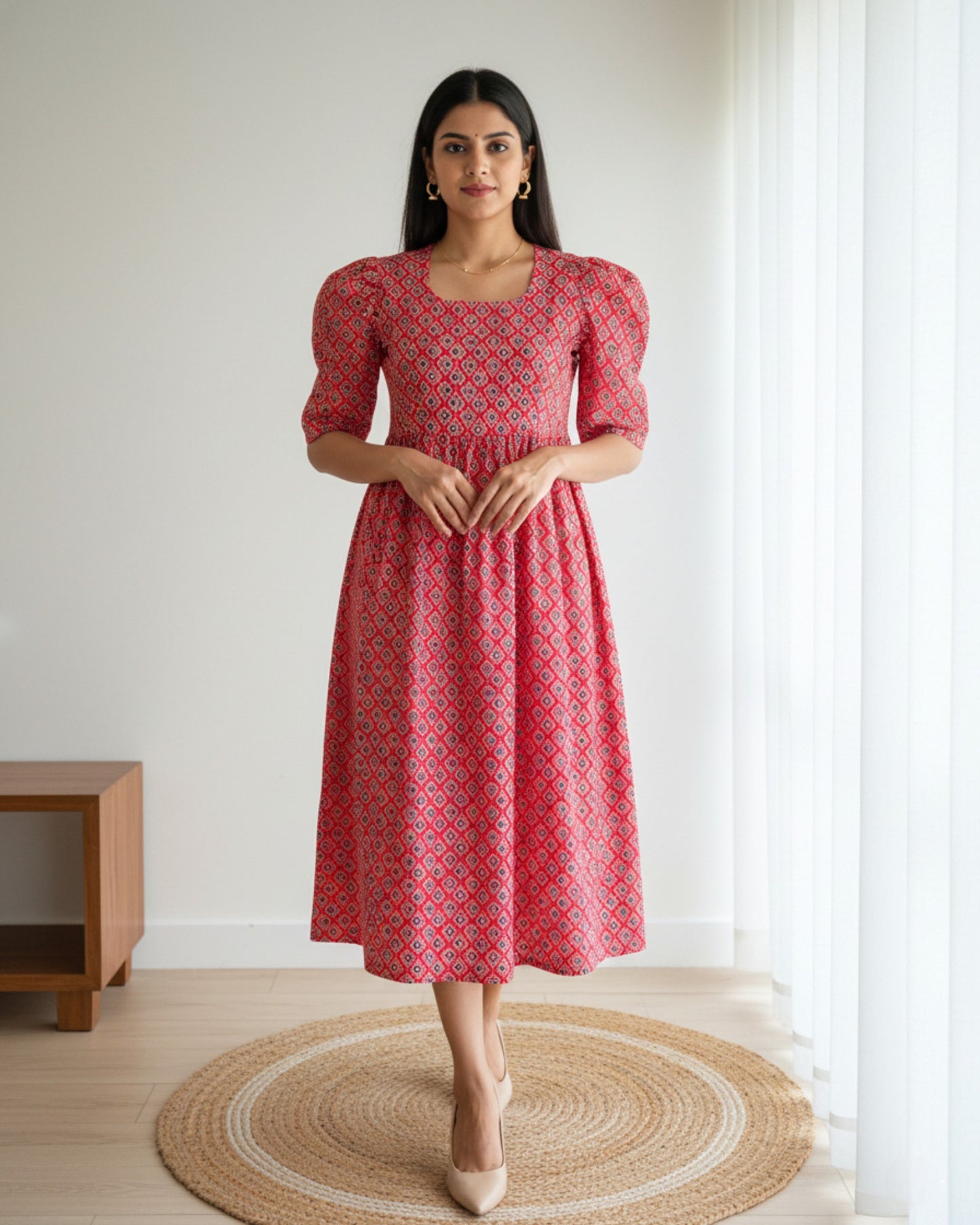 Red Printed Midi Dress