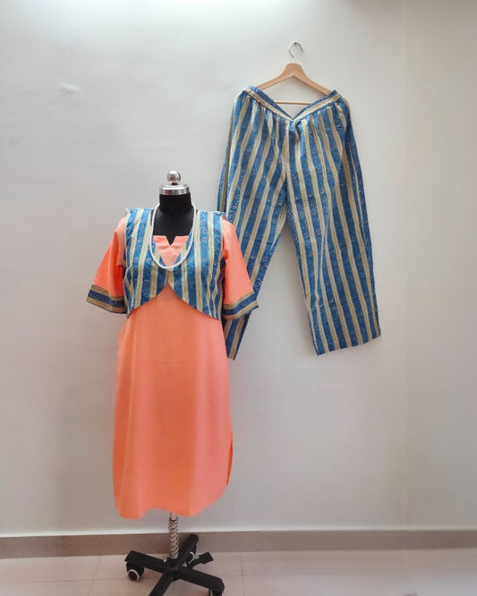 Peach Palazzo suits with Blue Overcoat
