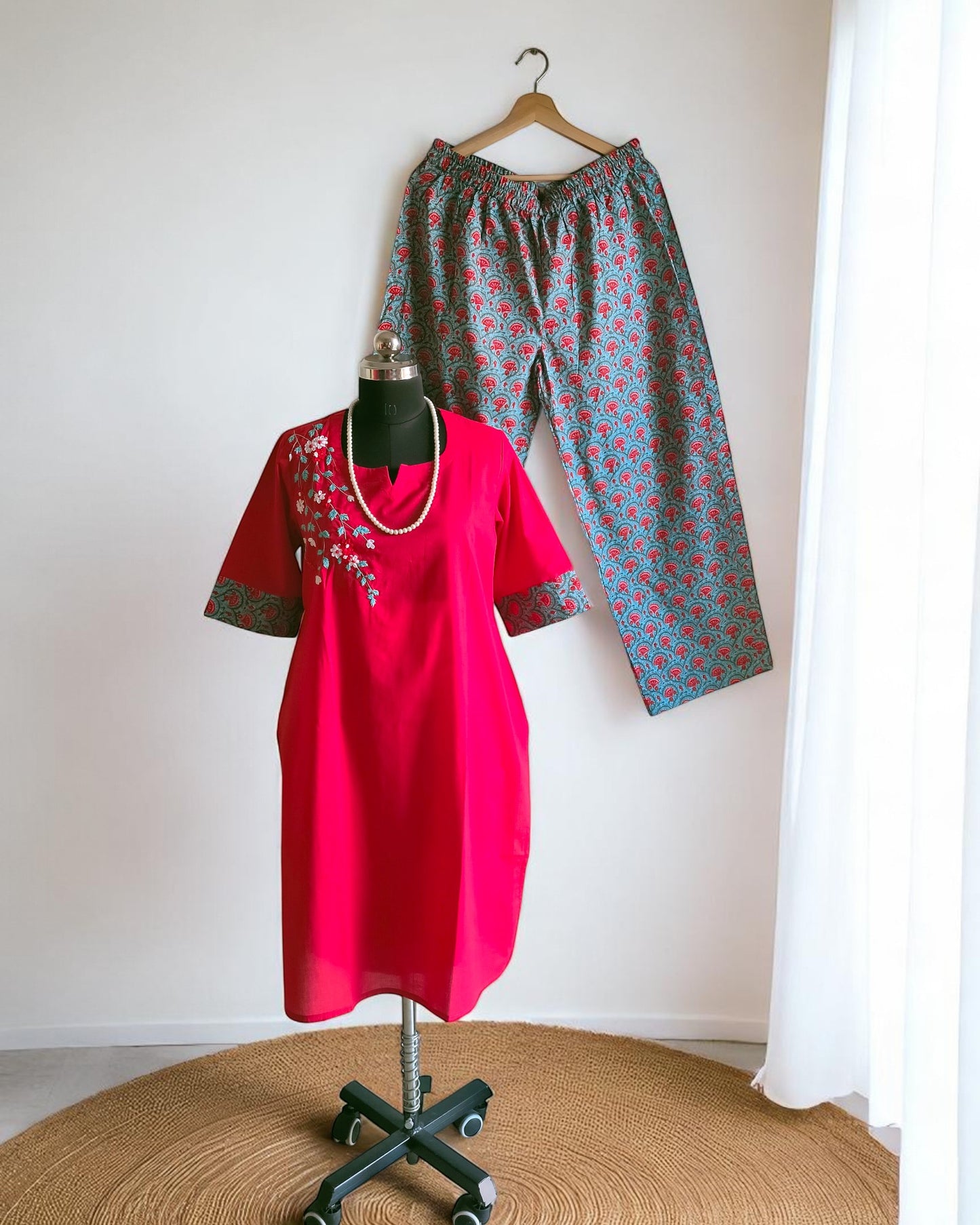 Ribbon Embroidered Red Palazzo Suits