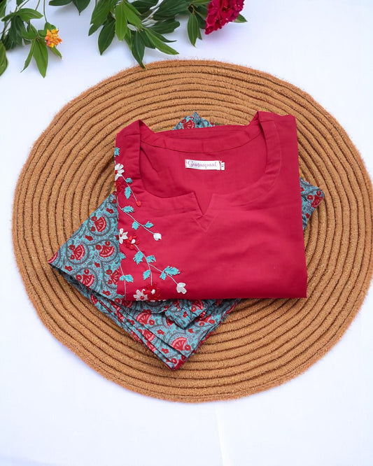Ribbon Embroidered Red Palazzo Suits
