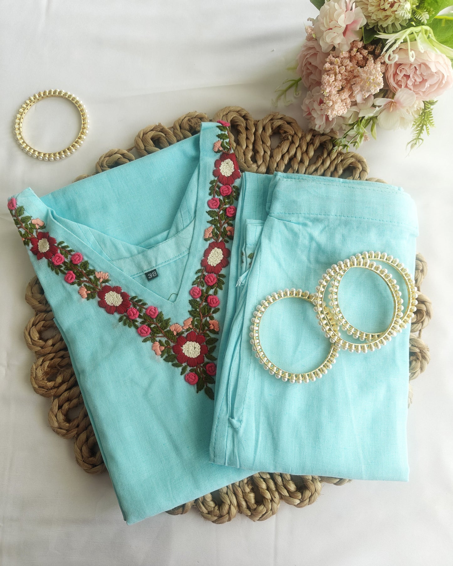 Sky Blue Hand Embroidery Cotton Suit
