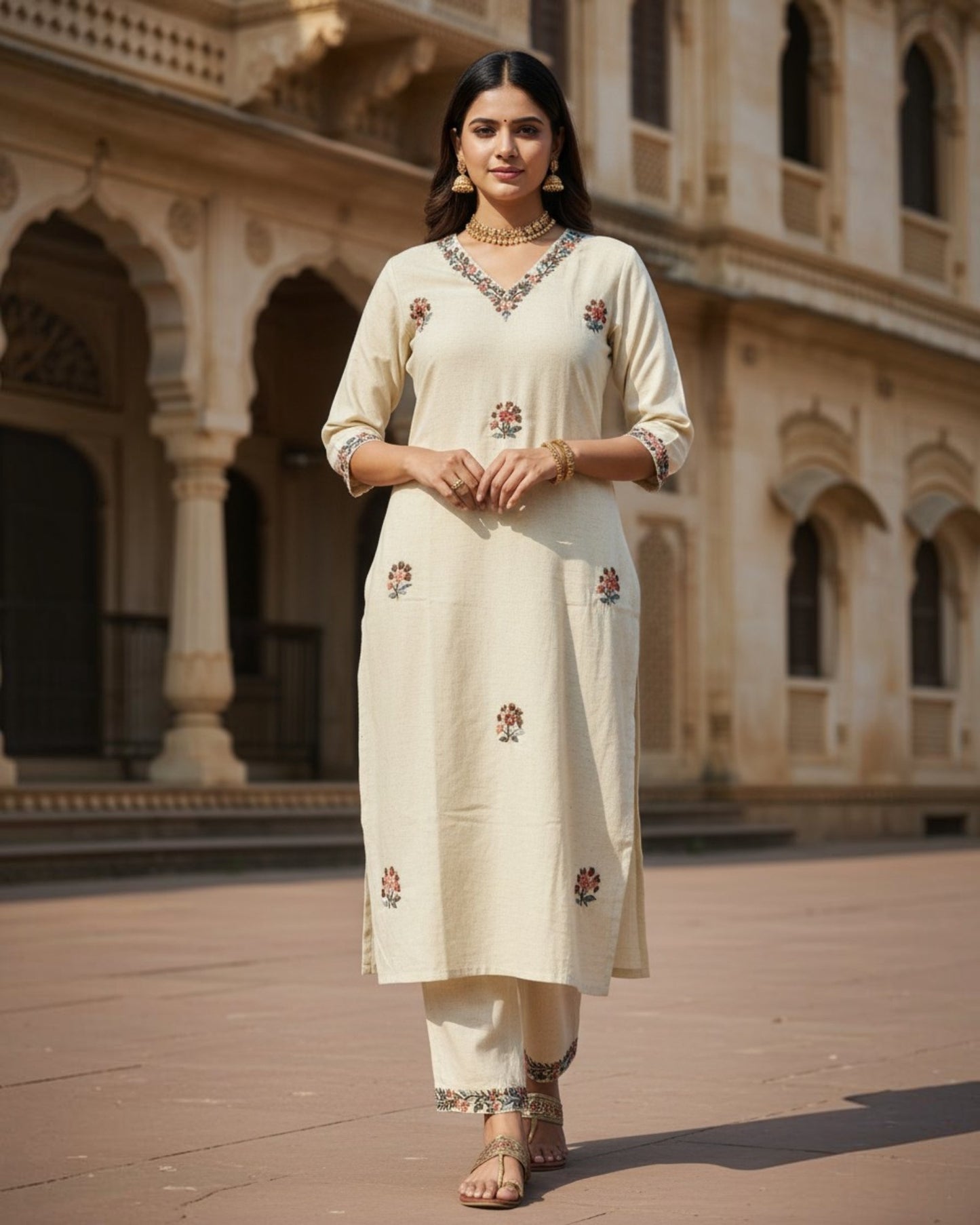 Off-white Hand Embroidery Cotton Suit