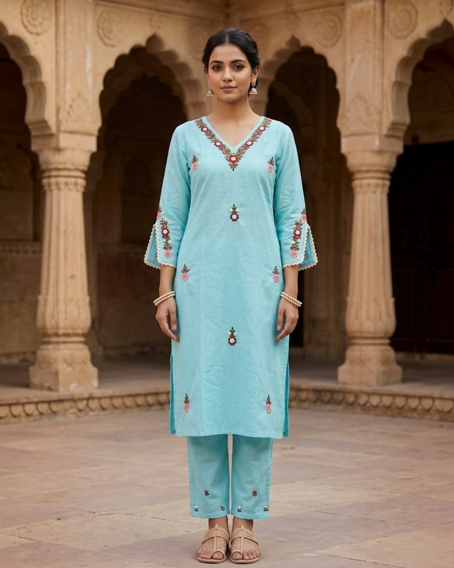 Sky Blue Hand Embroidery Cotton Suit