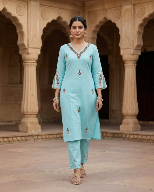 Sky Blue Hand Embroidery Cotton Suit