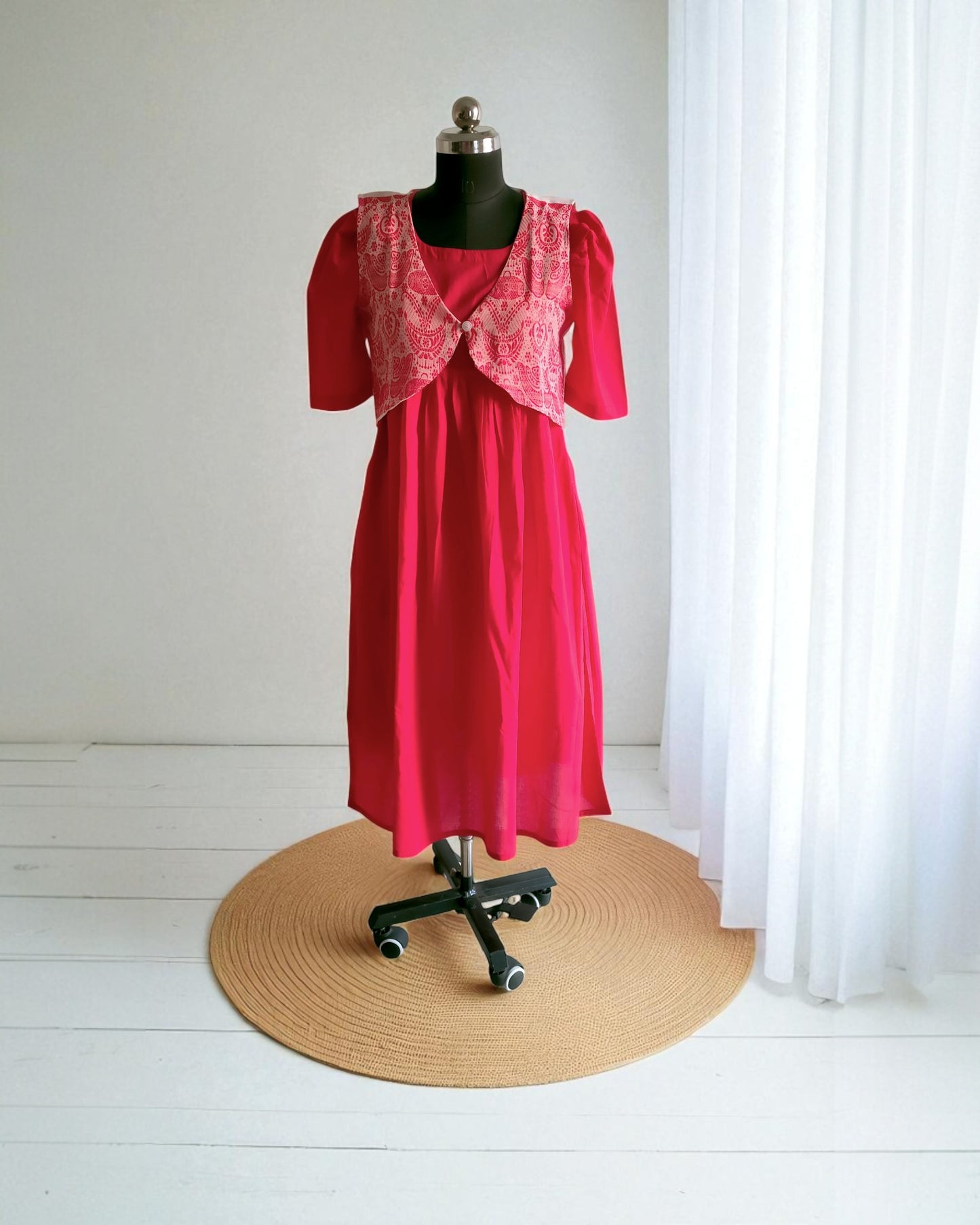 Red Cotton Midi Dress with Assamese Japi Overcoat