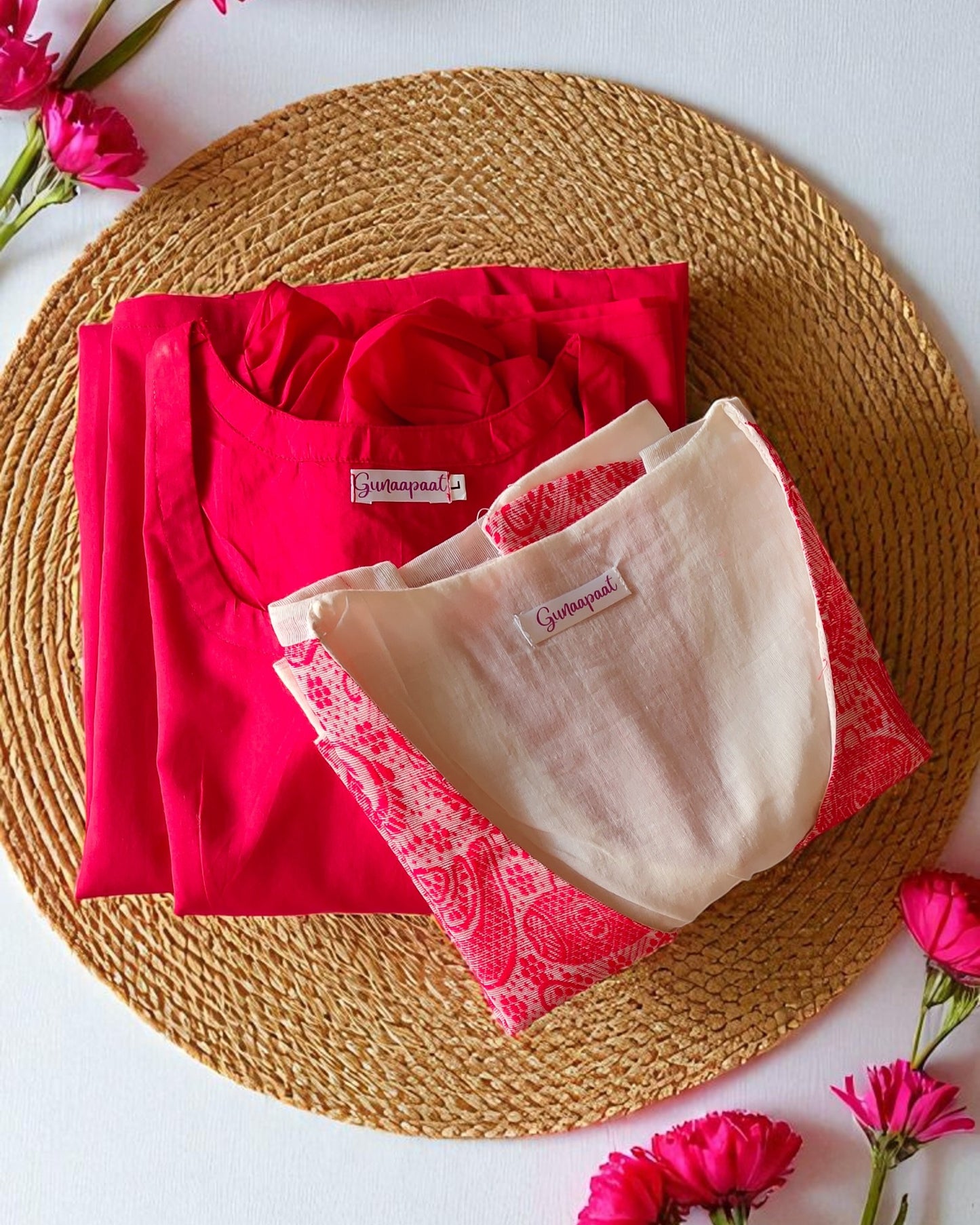 Red Cotton Midi Dress with Assamese Japi Overcoat