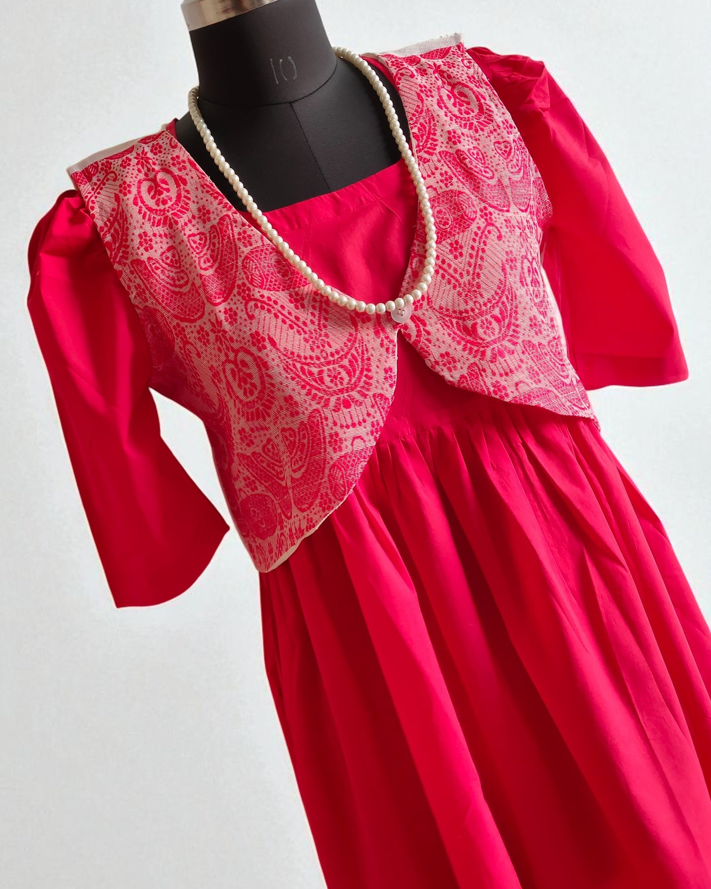 Red Cotton Midi Dress with Assamese Japi Overcoat