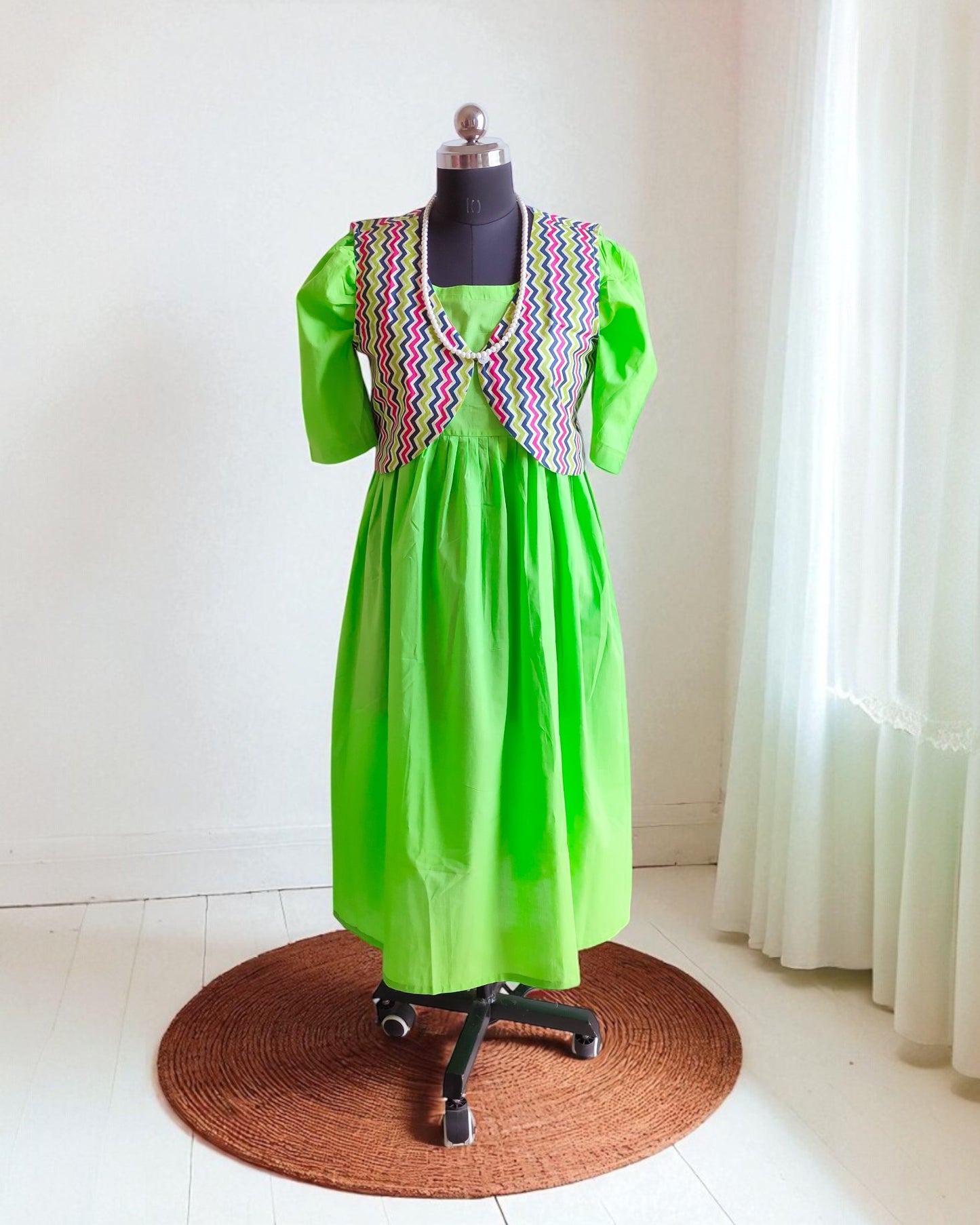 Green Cotton Midi Dress with Cotton Overcoat