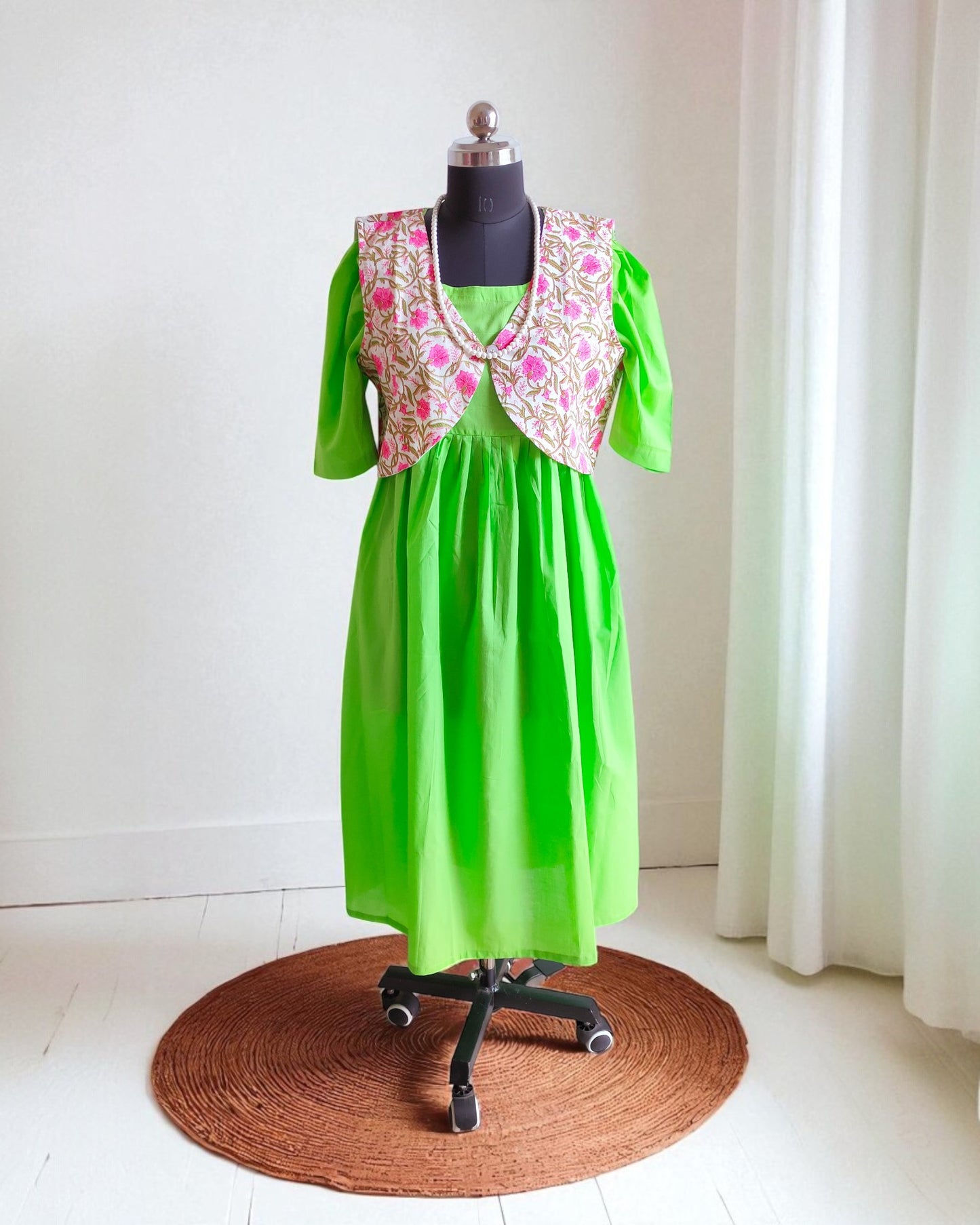 Pure Cotton Green Midi Dress with Cotton Overcoat