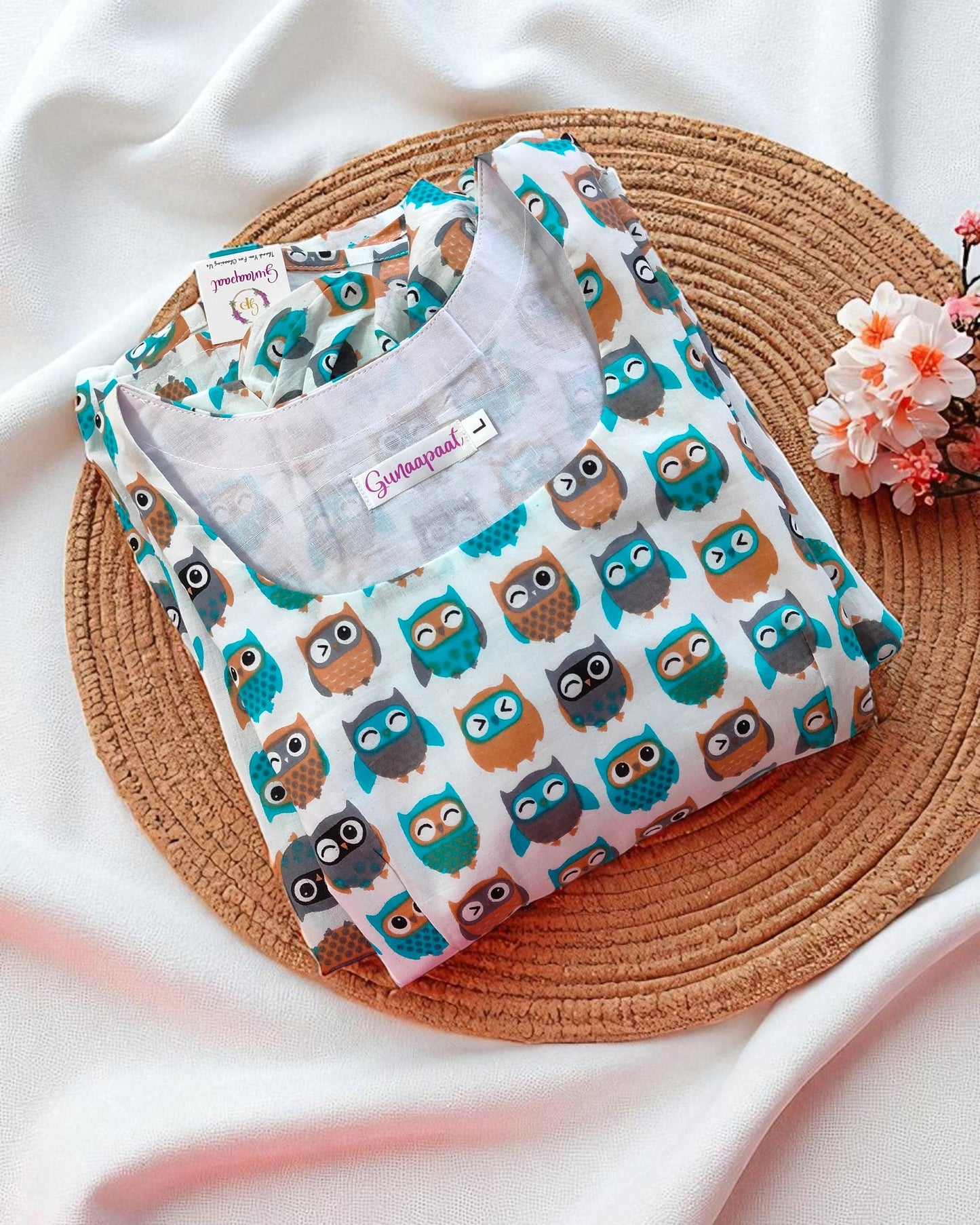 Owl Printed White Cotton Midi Dress