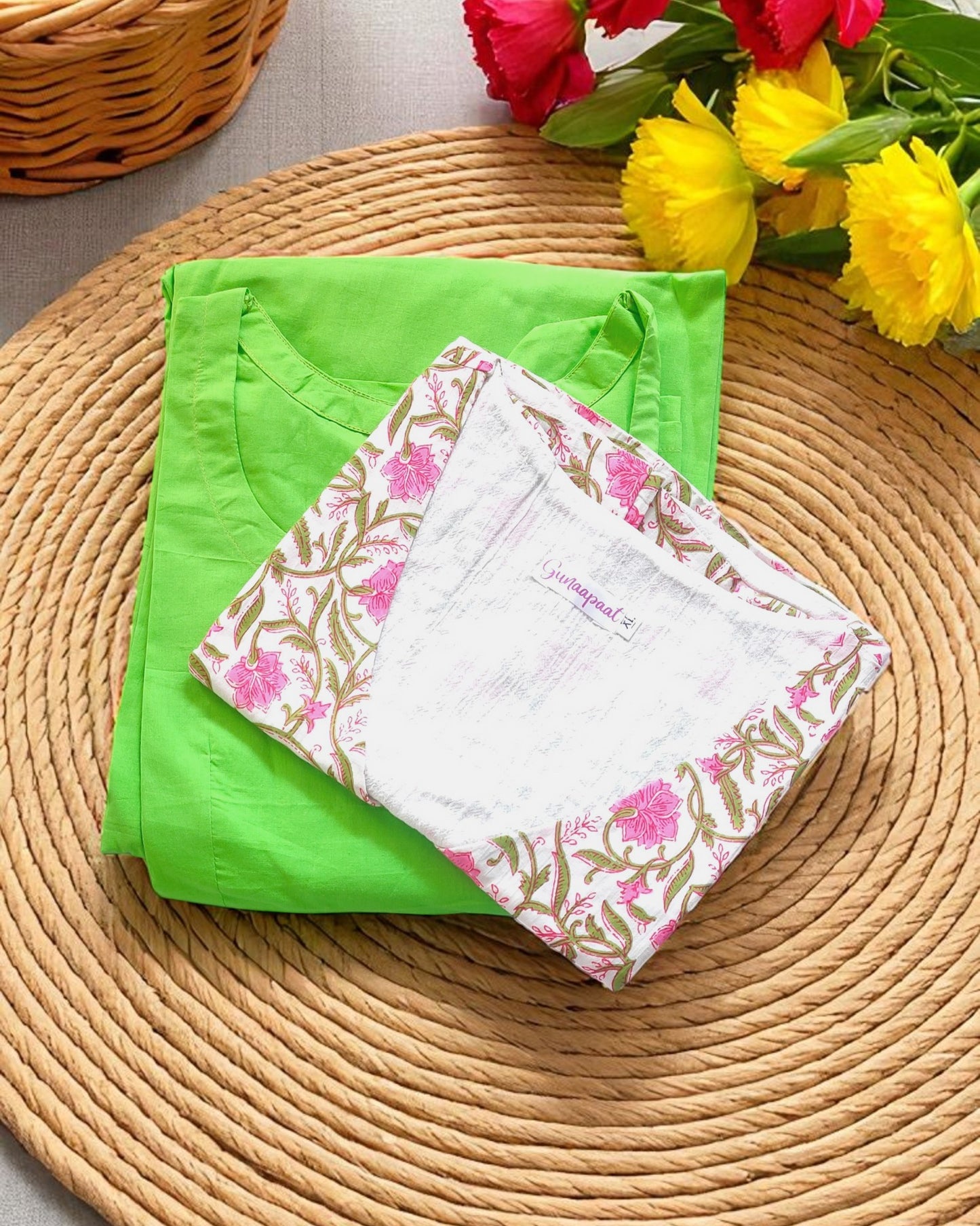 Pure Cotton Green Midi Dress with Cotton Overcoat